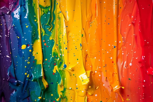 Rainbow-colored paint transparently splattered on a canvas