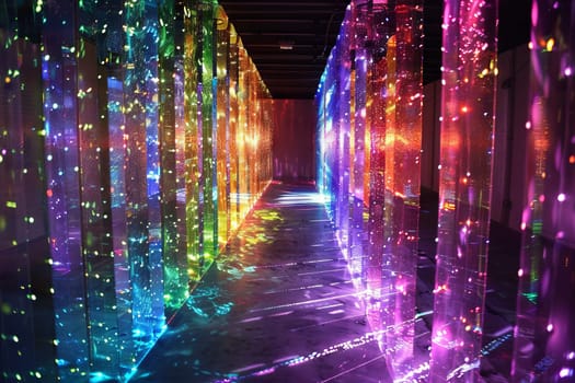 Rainbow-colored LED lights illuminating transparently a dark room with colorful glow