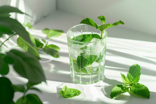 A glass of water with mint leaves floating in it