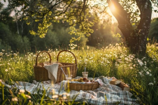 Romantic picnic for two in a sunlit meadow