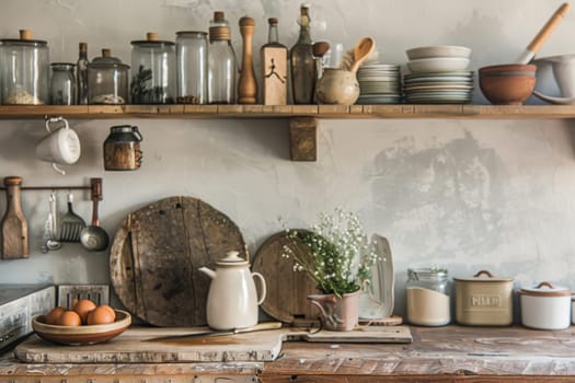 Rustic farmhouse kitchen decor against a soft transparent white backdrop, perfect for country living