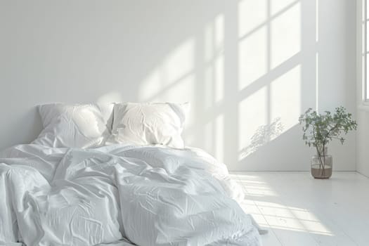 A white bed with two pillows and a vase of flowers on a wooden floor. The room is bright and airy, with sunlight streaming in through the windows