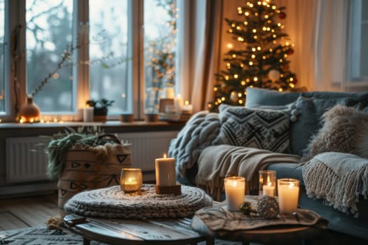 Scandinavian hygge-inspired living room with cozy blankets and candles