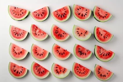 Sliced watermelon arranged in a pattern on a transparent white surface