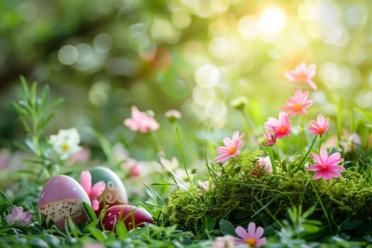 Springtime Easter scene with blooming flowers and green foliage