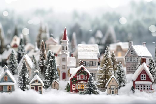 Snowy Christmas village on a soft transparent white canvas, evoking winter wonderland vibes