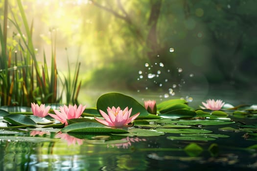 Tranquil pond with water lilies blooming in the morning sunlight