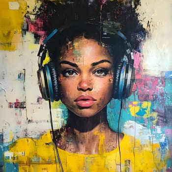 Woman Girl with Headphones is listening to music