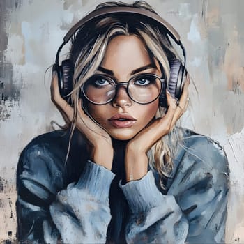 Woman Girl with Headphones is listening to music