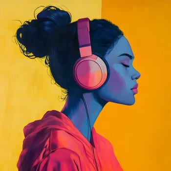 Woman Girl with Headphones is listening to music