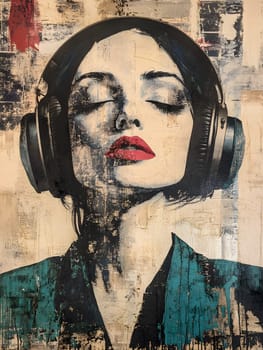 Woman Girl with Headphones is listening to music