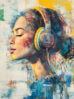 Woman Girl with Headphones is listening to music