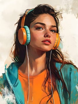 Woman Girl with Headphones is listening to music