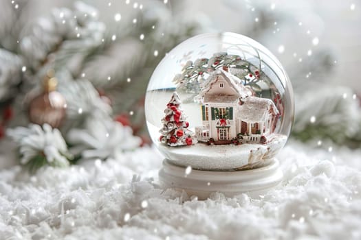 Whimsical Christmas snow globe on a soft transparent white backdrop, perfect for holiday cards