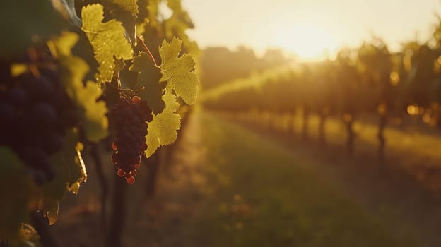 Red wine grapes cluster with green leaves backlit by golden sunset light in vineyard, romantic countryside atmosphere.