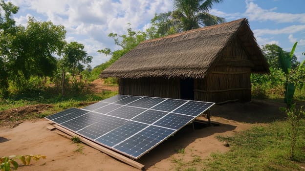 Solar panel array installed near traditional thatched roof hut in rural village, sustainable energy solution with tropical vegetation background.