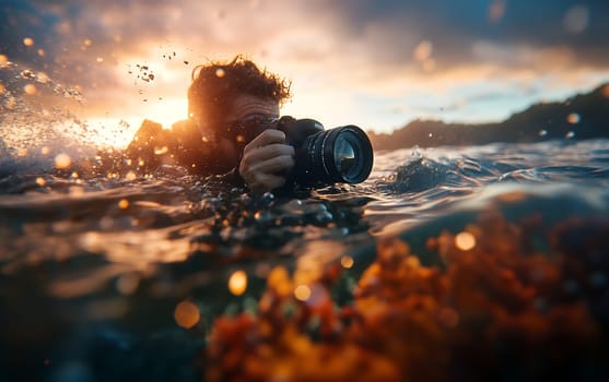 Photographer taking photos in ocean water during sunset, with water splashes and golden bokeh creating dramatic effect.