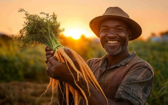 Agricultural worker holding freshly harvested organic carrots, smiling with satisfaction while standing in farm field at golden sunset hour.
