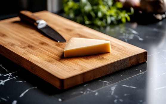 Fresh cheese block on bamboo cutting board with knife against dark marble countertop, copy space, food photography.