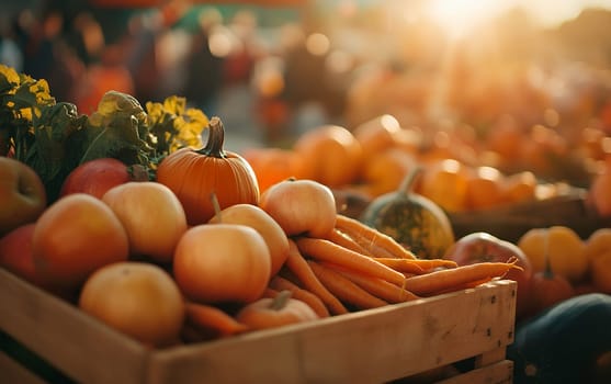 Fresh organic produce at farmers market with pumpkins, carrots and apples in wooden crates during golden hour, seasonal harvest concept.