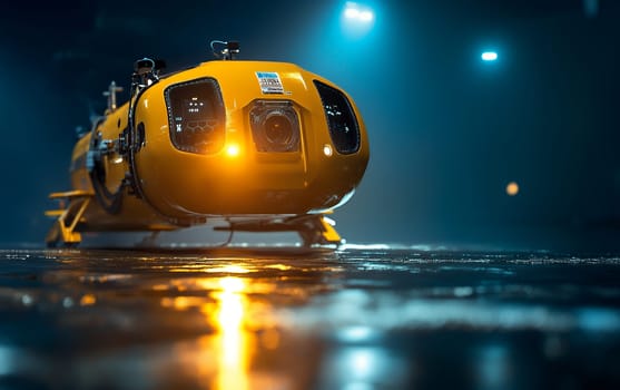 Yellow autonomous underwater vehicle with cameras and sensors illuminated against dark blue water, marine technology concept.