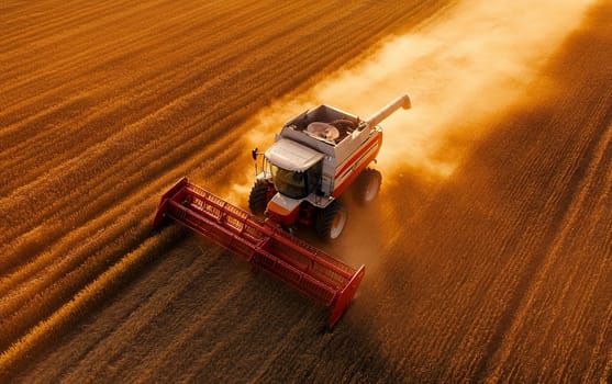 Aerial view of combine harvester working in golden wheat field during harvest season, creating dramatic dust clouds in sunset light.