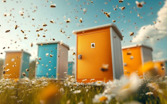 Vibrant beehives surrounded by flying honeybees and blooming daisies, beekeeping in spring with colorful hive boxes against blue sky.