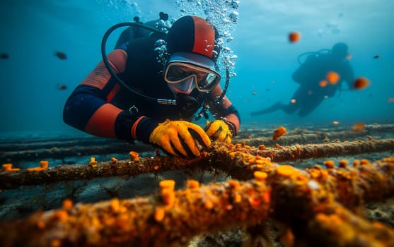 Scuba diver examining underwater ecosystem, conducting marine research in bright blue waters with coral formations visible in background.