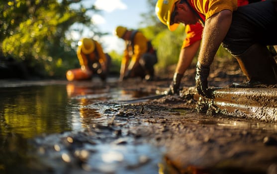 Team of researchers in safety gear collecting water samples from riverbank during golden hour, environmental monitoring and conservation work.