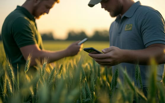 Agricultural specialists using smartphones to monitor crop data in wheat field during golden hour, modern farming technology application.