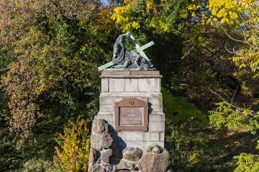 Czestochowa, Poland - October 18, 2024: Stations of the Cross (Way of the Cross), one of the stations shows Jesus with cross, Jasna Gora Monastery (Light Mountain), famous pilgrimage center