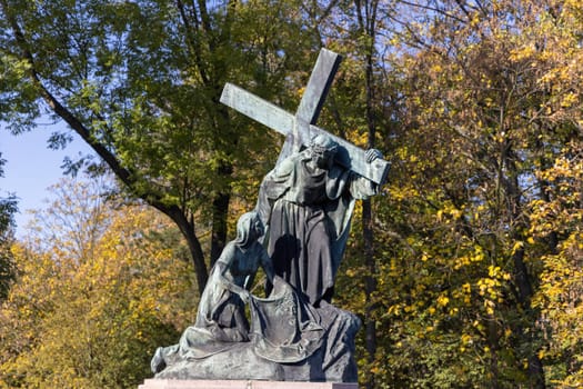 Czestochowa, Poland - October 18, 2024: Stations of the Cross (Way of the Cross), one of the stations shows Jesus with cross, Jasna Gora Monastery (Light Mountain), famous pilgrimage center