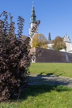 Czestochowa, Poland - October 18, 2024: Tower of Jasna Gora Basilica (Light Mountain), famous pilgrimage center. It is place of Marian worship with miraculous image of Our Lady of Czestochowa (Black Madonna)