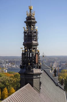 Czestochowa, Poland - October 18, 2024: Small tower ridge turret of Jasna Gora Basilica, famous pilgrimage center. It is place of Marian worship with miraculous image of Our Lady of Czestochowa Black Madonna