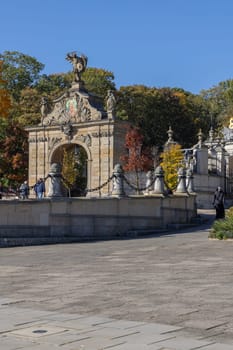 Czestochowa, Poland - October 18, 2024: Lubomirski Gate with mosaic of Our Lady Queen and sculpture of St. Michael the Archangel, 14th century baroque Jasna Gora Monastery, famous pilgrimage center
