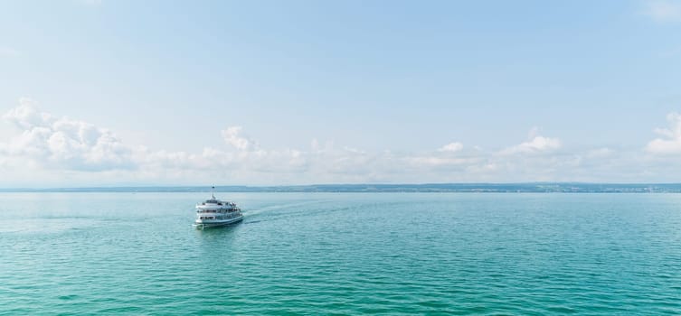 Cruising ship on Lake Constance, Bodensee near Meersburg in Germany. Text space in the upper area