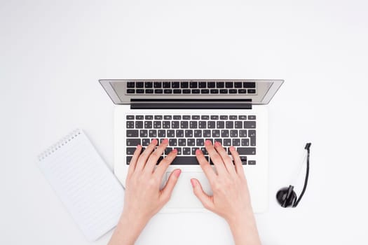 top view desk concept with woman hands. High resolution photo