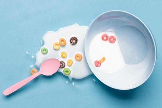 spilled milk milk bowl top view. High resolution photo
