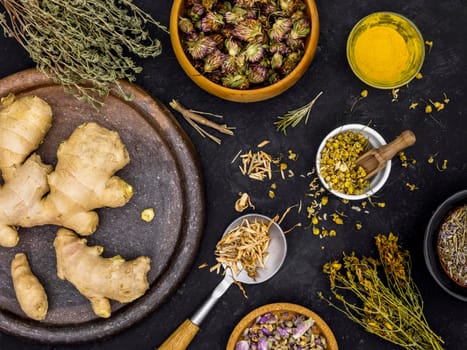 top view medicinal herbs spices. High resolution photo