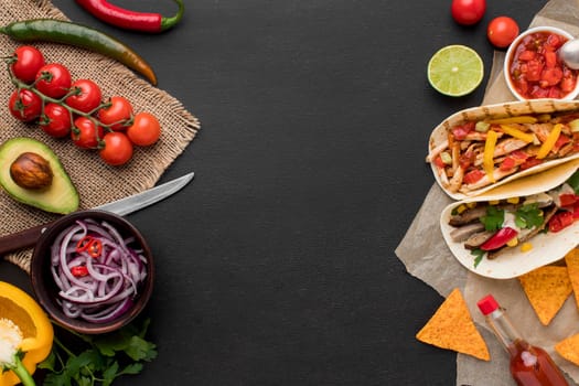 top view fresh mexican food with nachos. High resolution photo