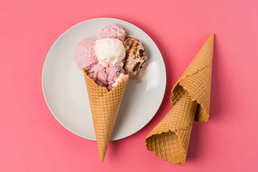 waffle cones with ice cream plate empty cones. High resolution photo