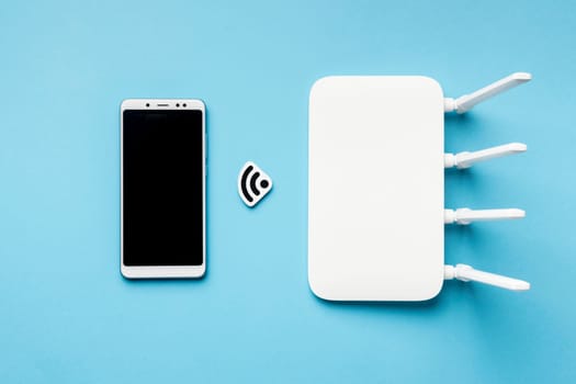 top view wi fi router with smartphone. High resolution photo