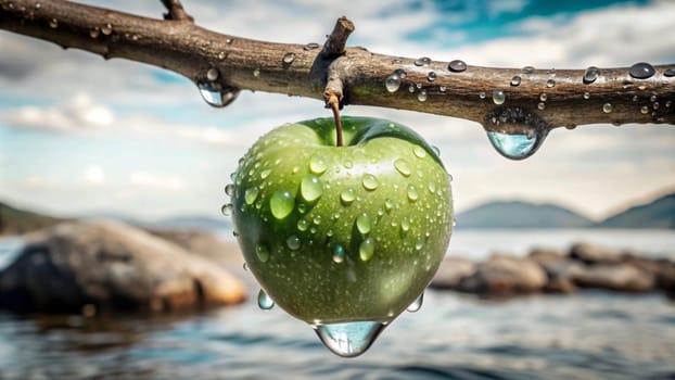 A close-up photo of a green apple with water droplets on its surface. The apple is hanging from a branch of a bare tree against a backdrop of a lake and mountains. A high-quality photo.