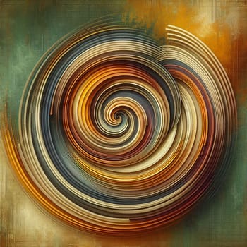 Abstract digital artwork depicting a swirling spiral of circles in shades of orange, brown, and teal. The artwork has a textured, 3D effect. A high-quality photo.