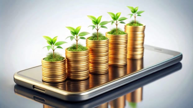 A 3D rendering of a smartphone with stacks of gold coins and growing plants on top, representing the concept of financial growth and prosperity. A high-quality photo.