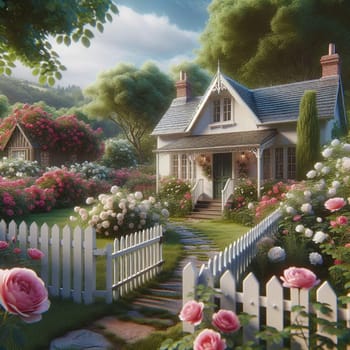 A digital painting of a quaint cottage with a white picket fence and a rose garden. The scene is set in a lush, green valley with a bright, sunny sky. A high-quality photo.
