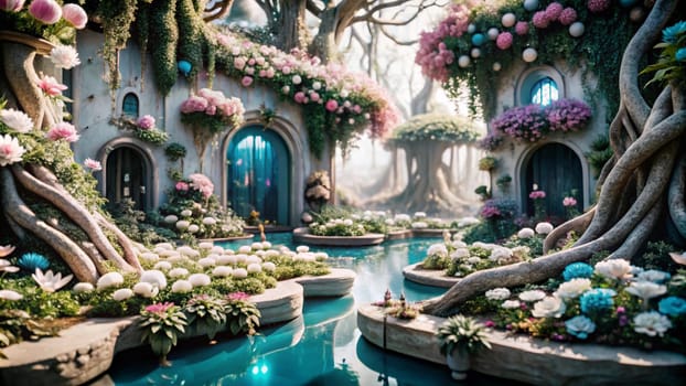 A 3D rendering of a magical forest with a pond and whimsical houses. The scene is filled with flowers, lush foliage, and a sense of enchantment. A high-quality photo.