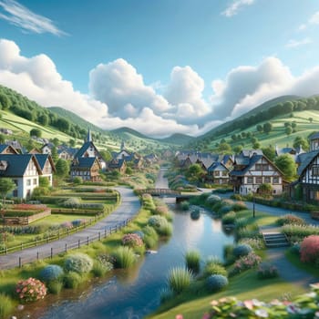 A digital painting depicting a picturesque village nestled in a green valley. The scene features charming houses, a winding river, and a lush, verdant landscape. A high-quality photo.