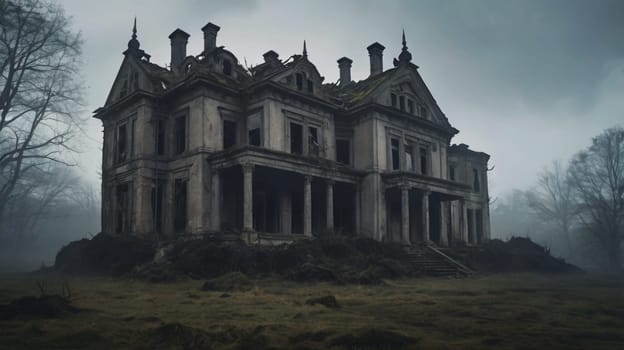 A photo of a dilapidated, gothic-style mansion in a foggy forest. The scene is dark and atmospheric, creating a sense of mystery and decay. A high-quality photo.