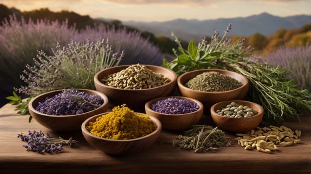 A photo of a collection of herbs and spices in wooden bowls. The scene is set against a backdrop of a lavender field and mountains. A high-quality photo.